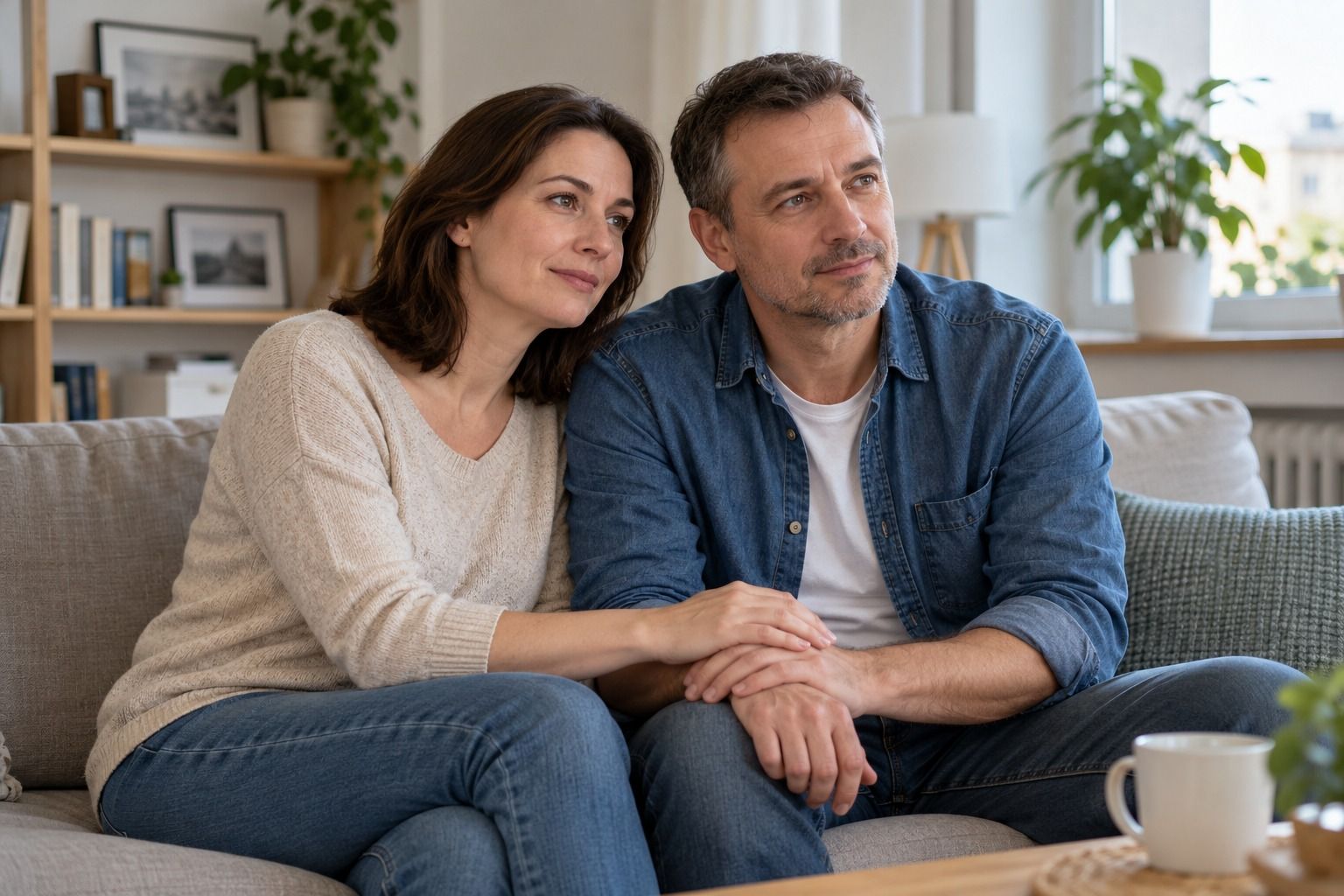 Супруги поддерживают друг друга, сидя рядом на диване